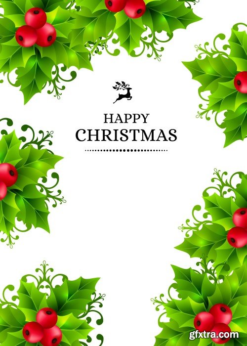 Christmas background with fir branches, holly leaves, red holly berries and glowing snowflakes, winter holiday poster with decorations and greeting text