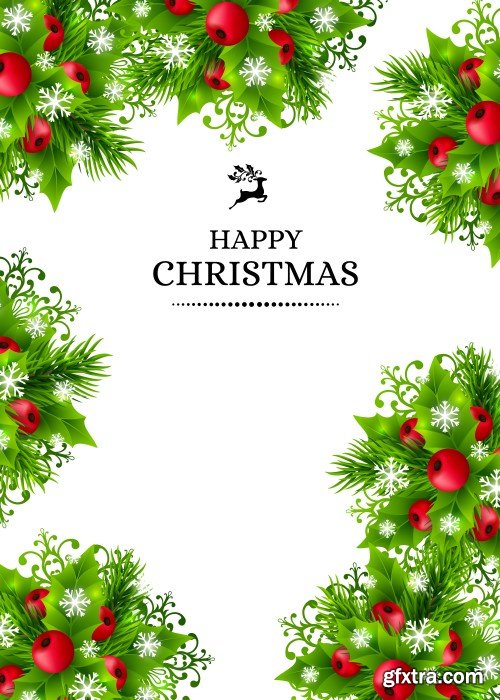 Christmas background with fir branches, holly leaves, red holly berries and glowing snowflakes, winter holiday poster with decorations and greeting text