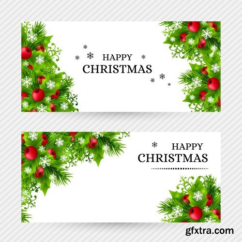 Christmas background with fir branches, holly leaves, red holly berries and glowing snowflakes, winter holiday poster with decorations and greeting text