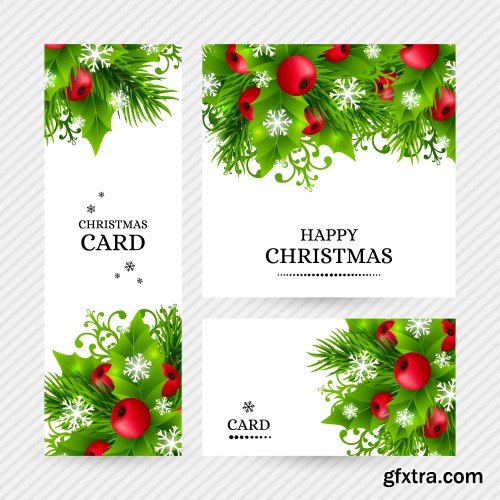 Christmas background with fir branches, holly leaves, red holly berries and glowing snowflakes, winter holiday poster with decorations and greeting text