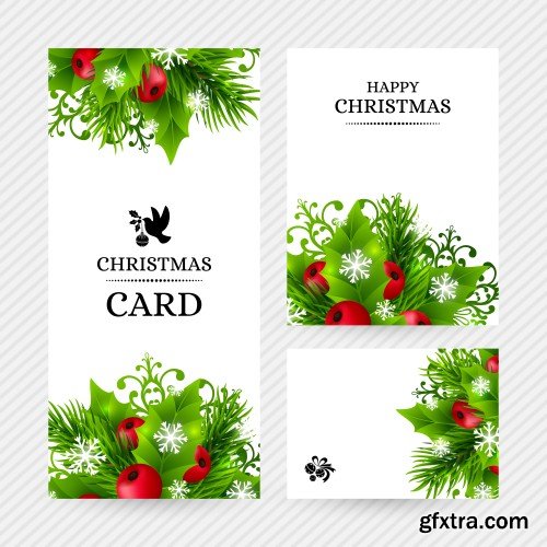 Christmas background with fir branches, holly leaves, red holly berries and glowing snowflakes, winter holiday poster with decorations and greeting text