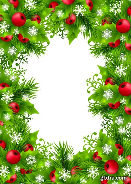 Christmas background with fir branches, holly leaves, red holly berries and glowing snowflakes, winter holiday poster with decorations and greeting text