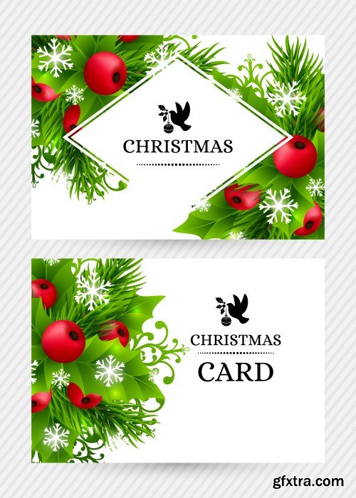 Christmas background with fir branches, holly leaves, red holly berries and glowing snowflakes, winter holiday poster with decorations and greeting text