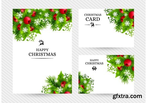 Christmas background with fir branches, holly leaves, red holly berries and glowing snowflakes, winter holiday poster with decorations and greeting text