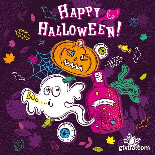 Halloween greeting card with ghost, seamless pattern with Halloween