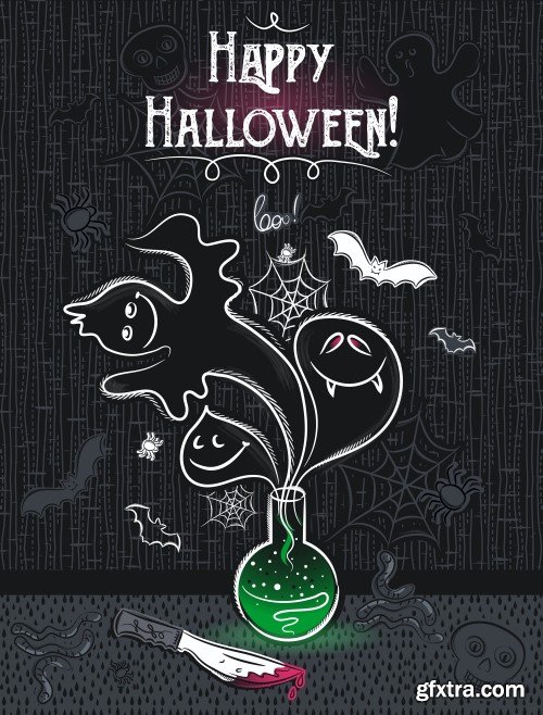 Halloween greeting card with ghost, seamless pattern with Halloween