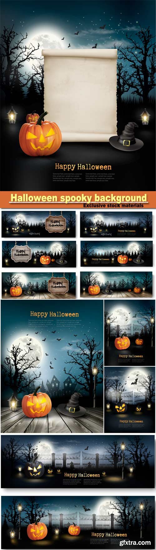 Halloween spooky background, holiday halloween banners with pumpkins