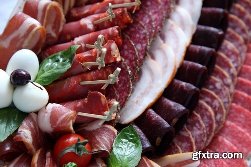 Collection of various types of meat delicacy sliced smoked sausage barbecue meats 25 HQ Jpeg