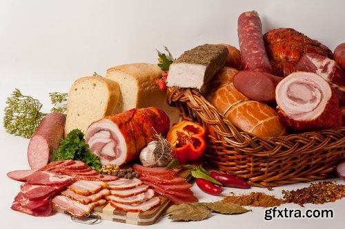 Collection of various types of meat delicacy sliced smoked sausage barbecue meats 25 HQ Jpeg