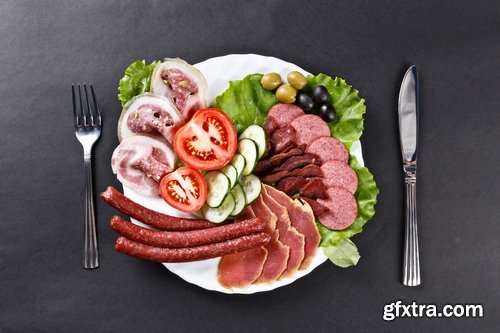 Collection of various types of meat delicacy sliced smoked sausage barbecue meats 25 HQ Jpeg