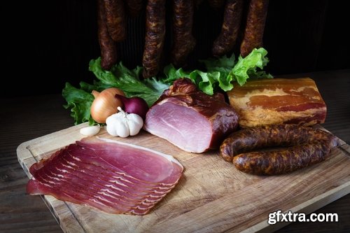 Collection of various types of meat delicacy sliced smoked sausage barbecue meats 25 HQ Jpeg