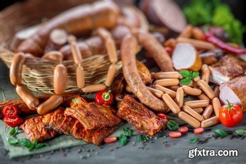 Collection of various types of meat delicacy sliced smoked sausage barbecue meats 25 HQ Jpeg