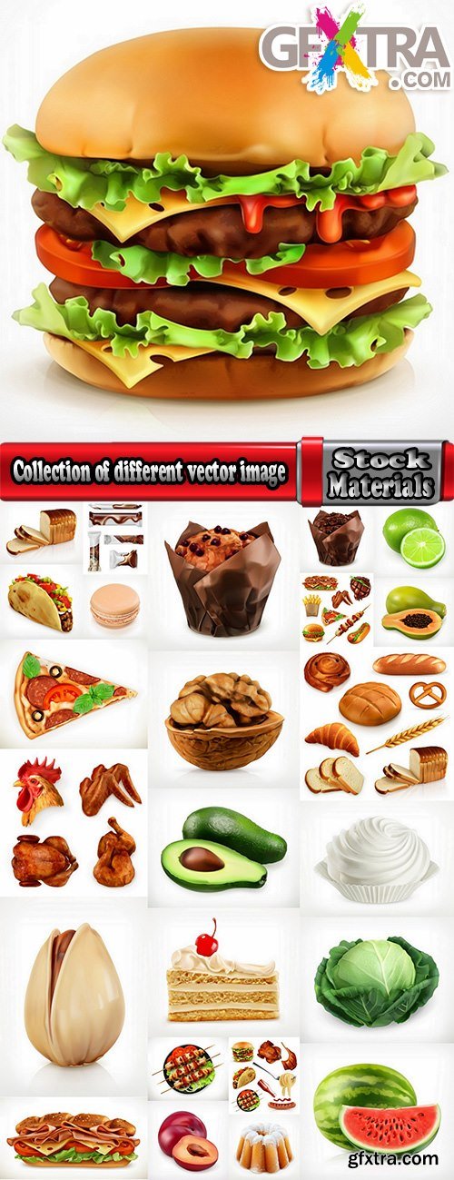 Collection of nuts fruit vegetables meat burger fast food meal different vector image 25 EPS