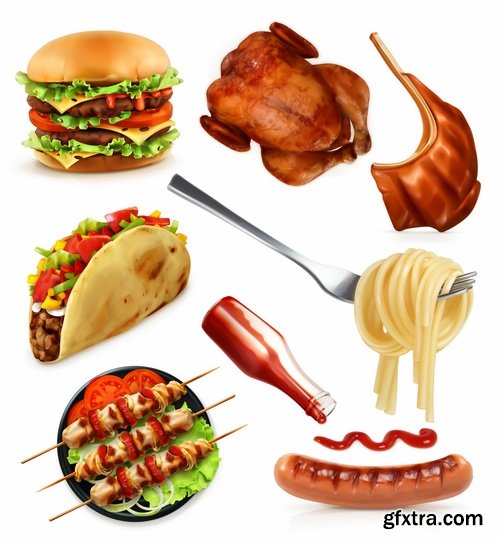 Collection of nuts fruit vegetables meat burger fast food meal different vector image 25 EPS