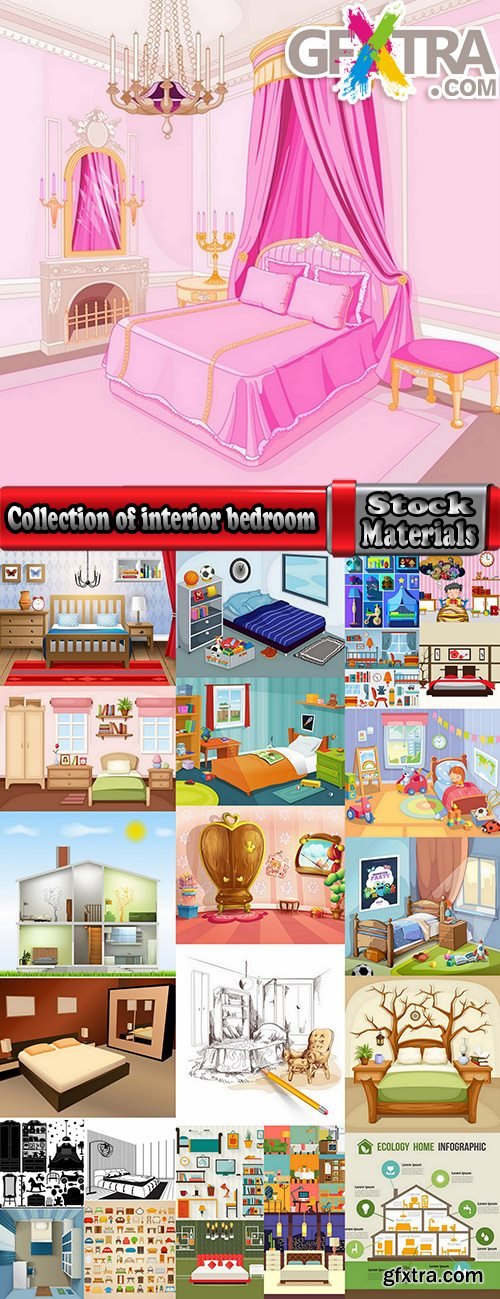 Collection of interior bedroom bed table chair chair icon baby illustration 25 EPS