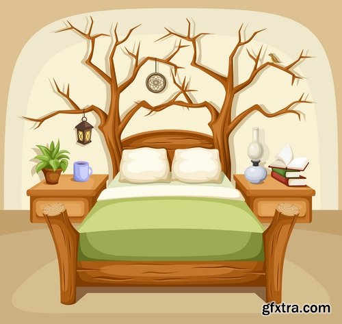 Collection of interior bedroom bed table chair chair icon baby illustration 25 EPS