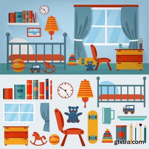 Collection of interior bedroom bed table chair chair icon baby illustration 25 EPS