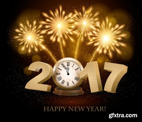 Happy New Year background with 2017, a clock and fireworks