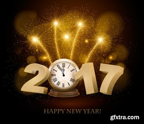 Happy New Year background with 2017, a clock and fireworks