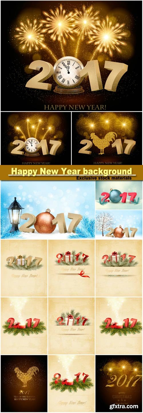 Happy New Year background with 2017, a clock and fireworks