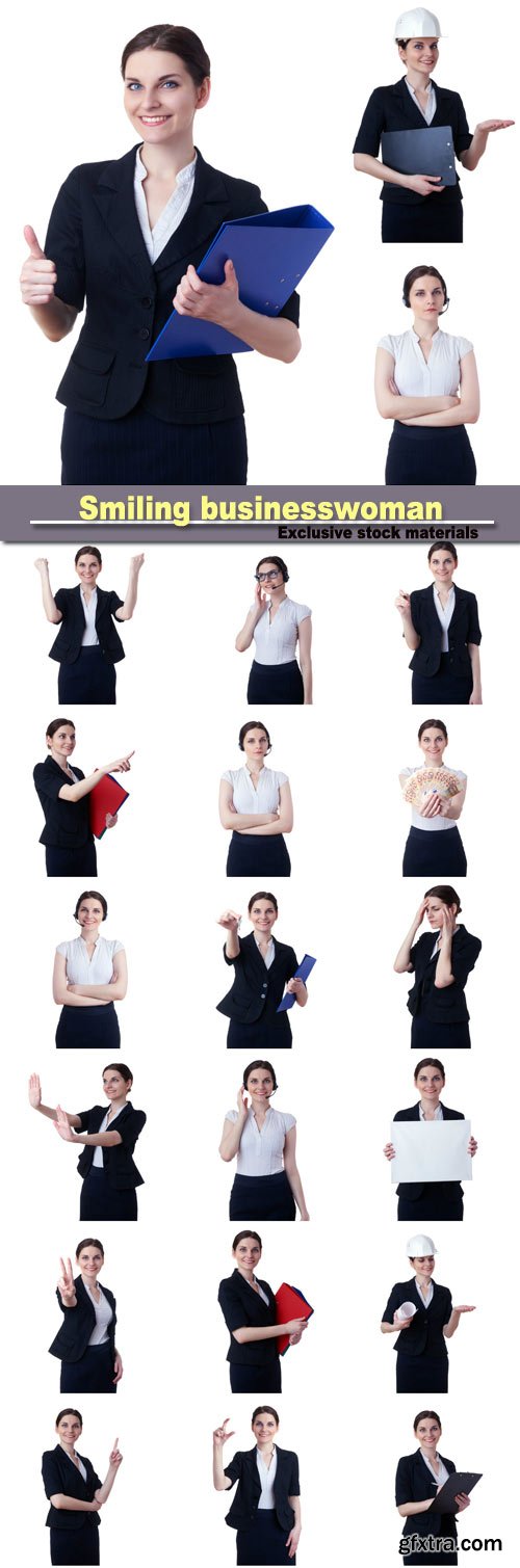 Smiling businesswoman standing over white isolated background