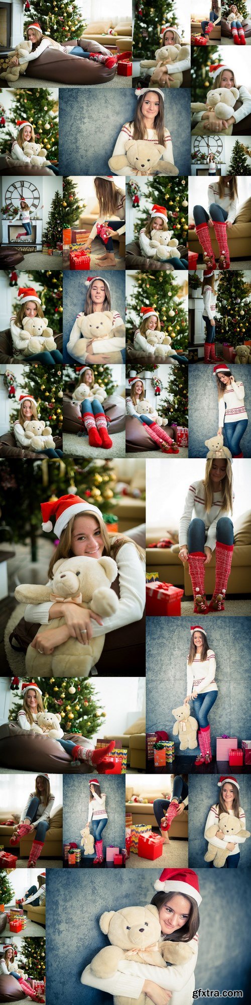 Attractive girl hugs teddy bear in christmas eve