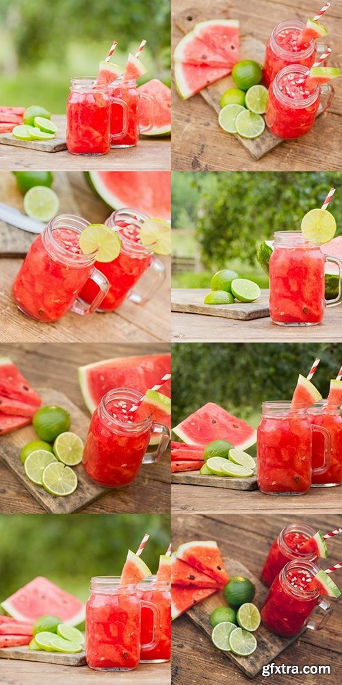 Watermelon smoothies with lime and sliced ripe on wooden table