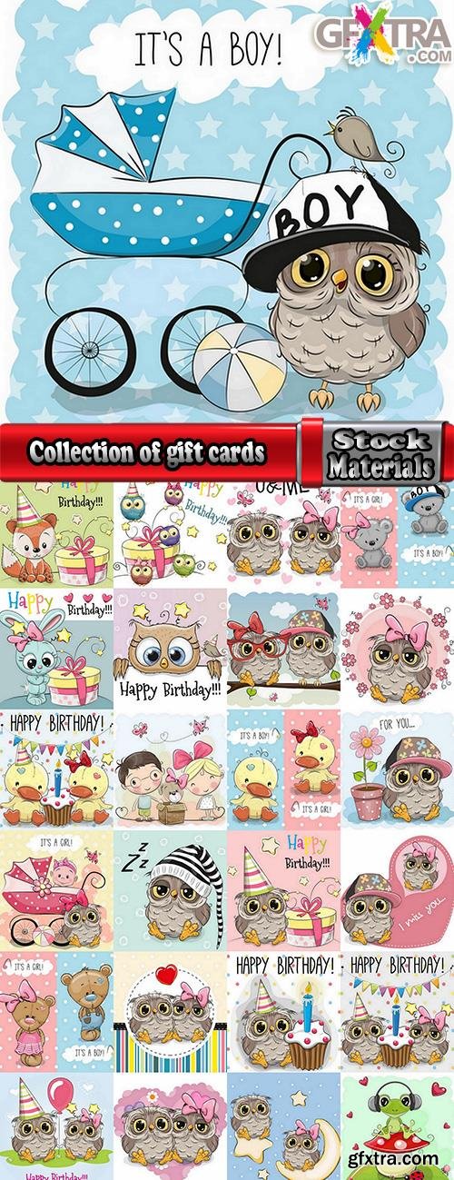 Collection of different vector image gift cards with funny cartoon animals 3-25 Eps