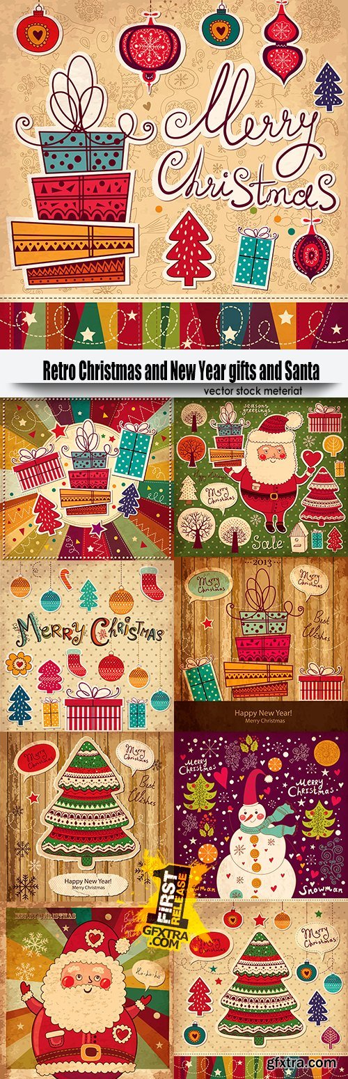 Retro Christmas and New Year gifts and Santa