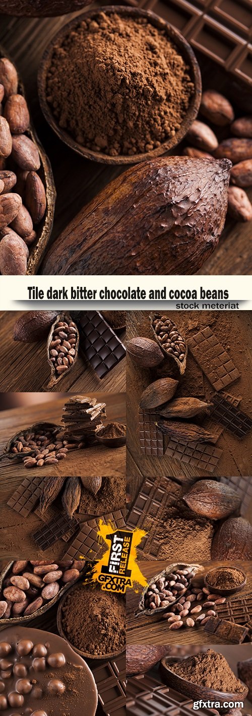 Tile dark bitter chocolate and cocoa beans