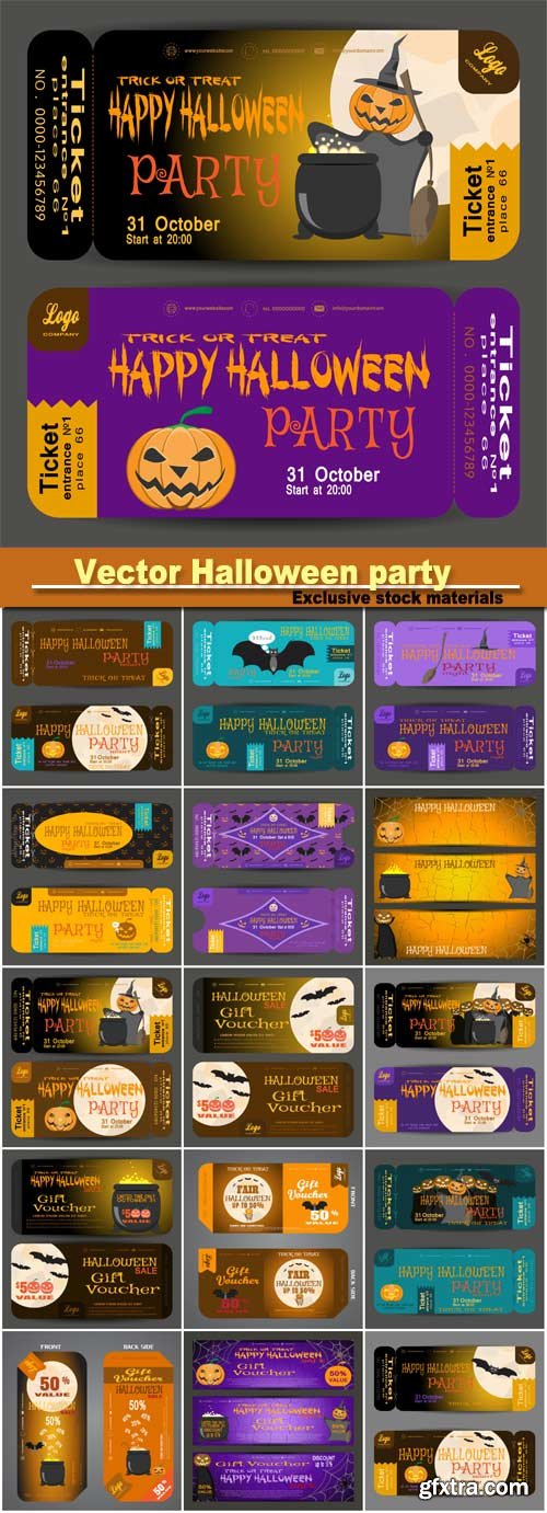 Vector beautiful ticket to a Halloween party on the dark yellow and dark lilac background