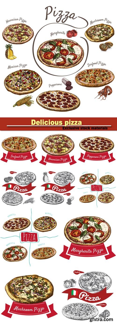 Different delicious pizza, vector illustration