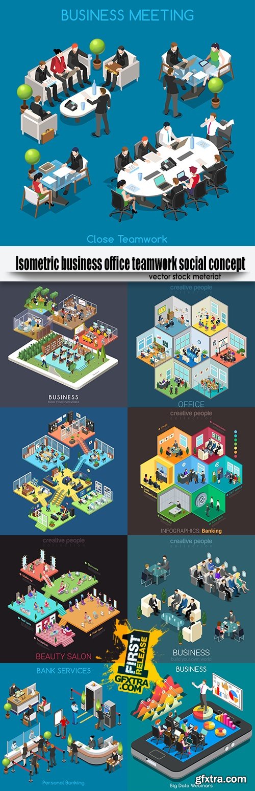 Isometric business office teamwork social concept