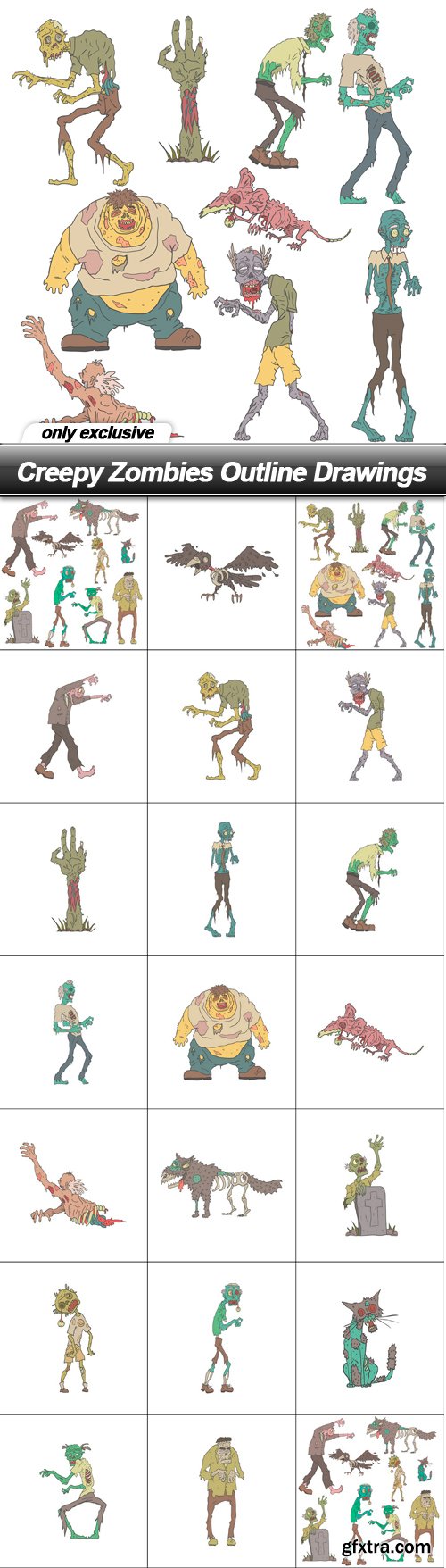 Creepy Zombies Outline Drawings - 20 EPS