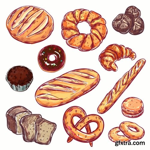 Collection of bread bun croissant bagel bakery products vector image 25 EPS