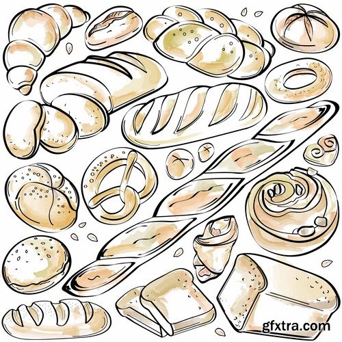 Collection of bread bun croissant bagel bakery products vector image 25 EPS