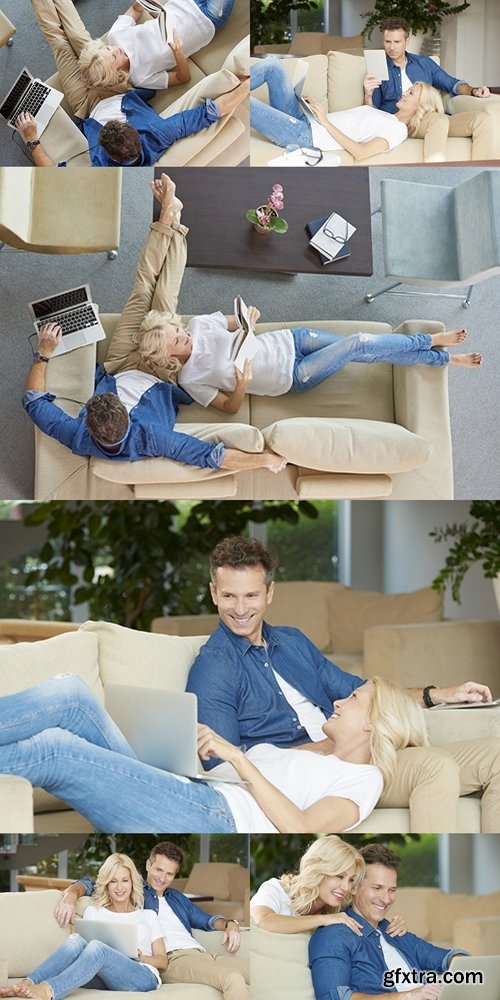 Couple in their cosy home. Top view shot of a happy couple relaxing together at home