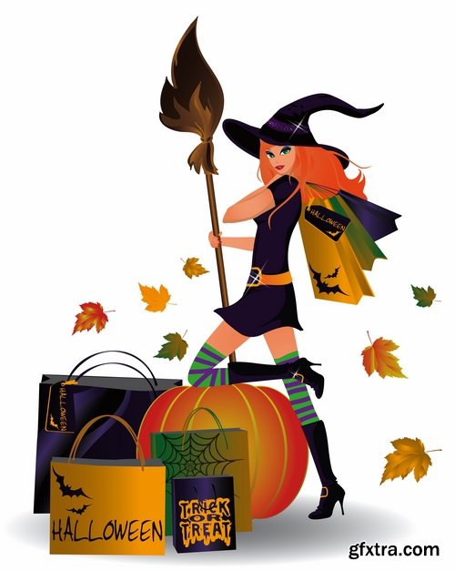 Collection of Halloween sticker flyer banner witch ghost pumpkin Thanksgiving 25 EPS