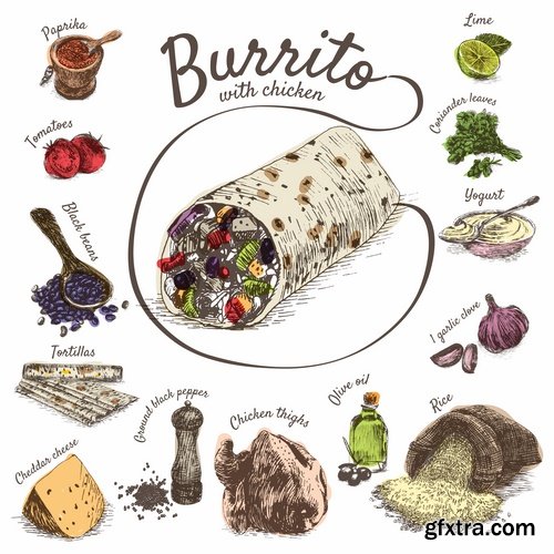 Collection burrito taco Mexican food flyer banner vector image 25 EPS