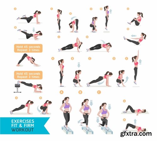 Collection of fitness exercises gym training exercise machine vector image 25 EPS