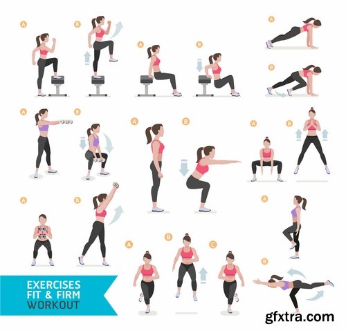 Collection of fitness exercises gym training exercise machine vector image 25 EPS