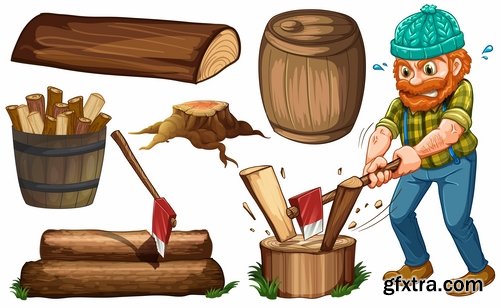 Collection woodcutter lumberjack forester sticker icon flyer banner vector image 25 EPS