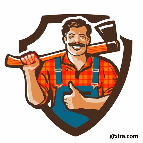 Collection woodcutter lumberjack forester sticker icon flyer banner vector image 25 EPS