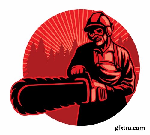 Collection woodcutter lumberjack forester sticker icon flyer banner vector image 25 EPS