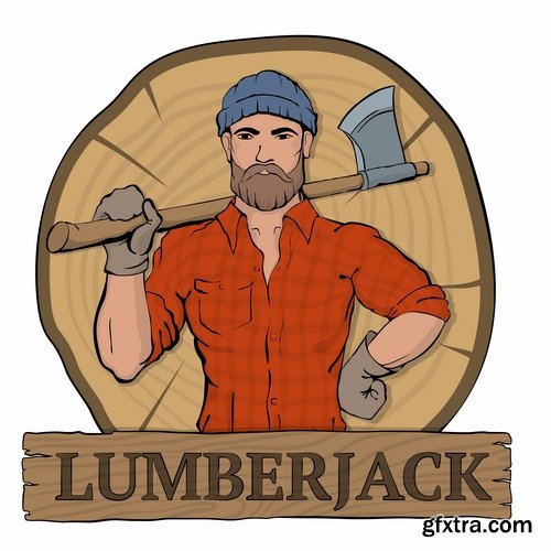 Collection woodcutter lumberjack forester sticker icon flyer banner vector image 25 EPS