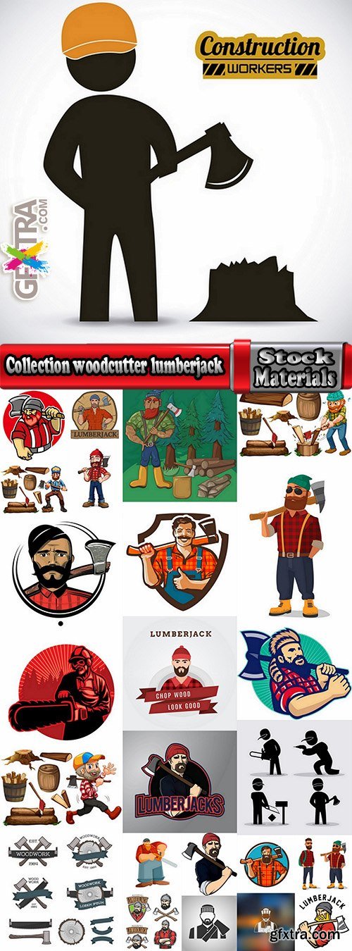 Collection woodcutter lumberjack forester sticker icon flyer banner vector image 25 EPS