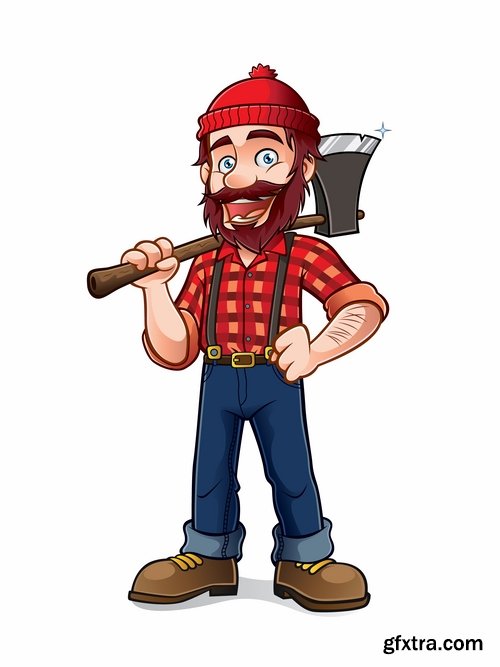 Collection woodcutter lumberjack forester sticker icon flyer banner vector image 25 EPS