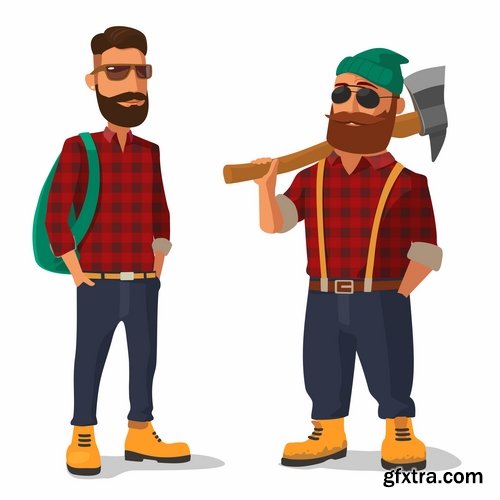 Collection woodcutter lumberjack forester sticker icon flyer banner vector image 25 EPS