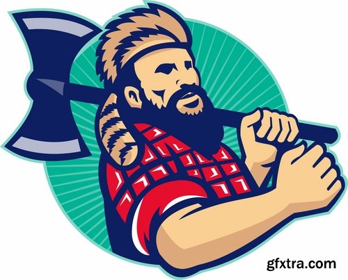 Collection woodcutter lumberjack forester sticker icon flyer banner vector image 25 EPS