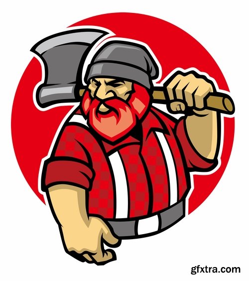 Collection woodcutter lumberjack forester sticker icon flyer banner vector image 25 EPS